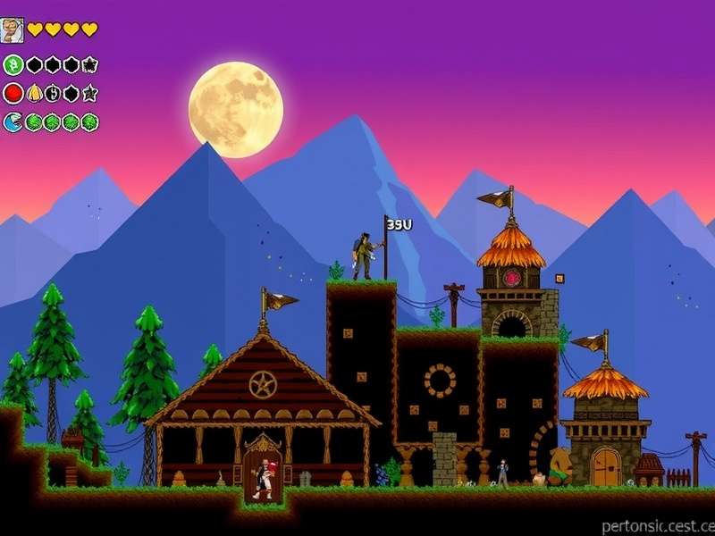 Terraria gameplay showcasing a player character fighting the Eye of Cthulhu boss in a forest biome