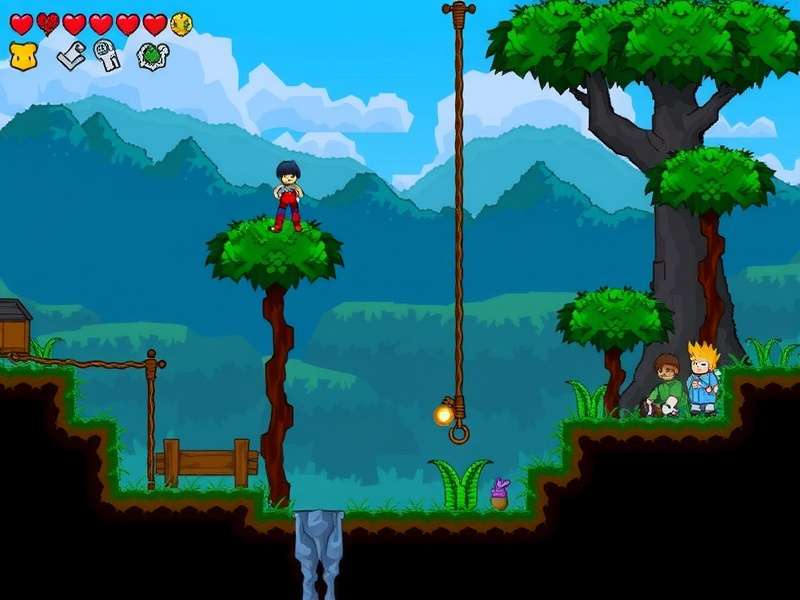 Terraria gameplay scene showing a character exploring a vibrant pixel-art world with mountains and trees