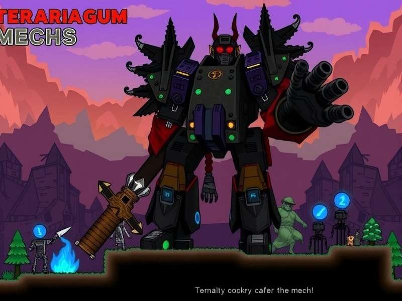 Terraria Calamity Mod Exo Mechs boss fight visual depiction showing mechanical bosses and laser effects