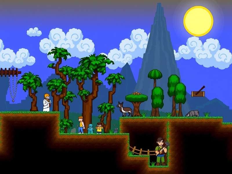 Terraria NPC town with pylons showcasing efficient housing layout