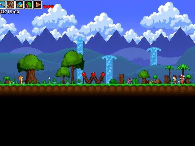 Terraria gameplay scene showcasing a detailed pixel art landscape and character