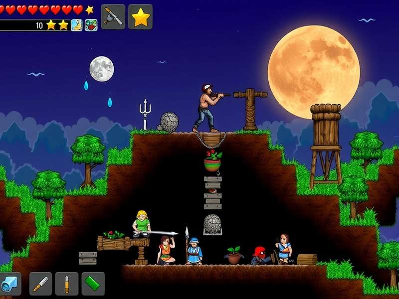 Terraria early game base with wood houses and workbenches