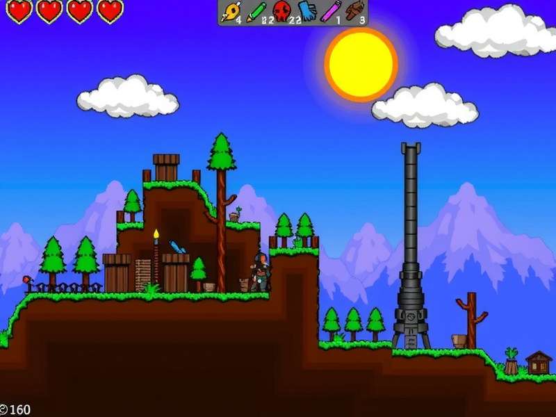 Terraria game world showcasing diverse biomes and structures
