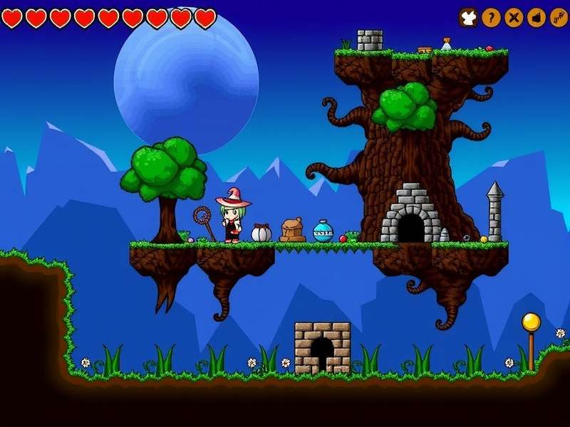 Alchemy workbench with colorful potions in Terraria style