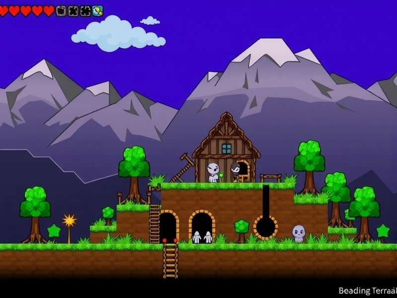 A bed placed inside a boss arena with heart lanterns and campfires