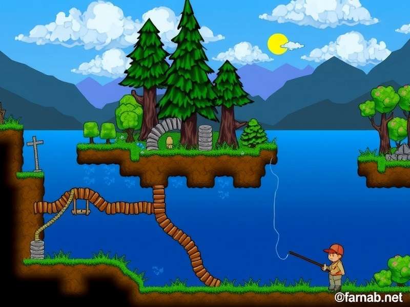 Terraria player fishing in a peaceful forest pond with multiple caught fish