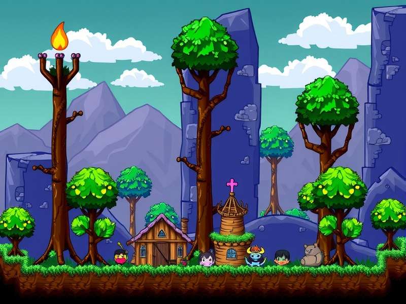 Terraria NPCs village layout with all major characters gathered in a colourful biome.