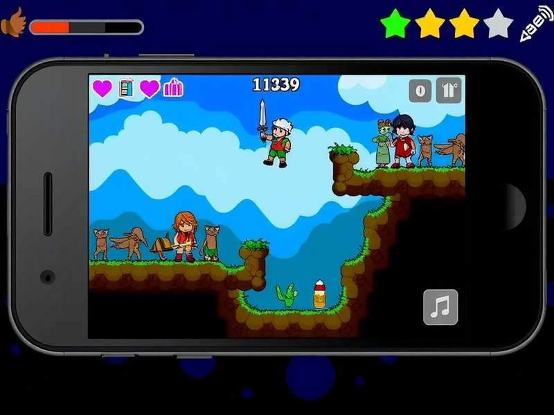 Mobile Phone Terraria gameplay showing character with tools and terrain