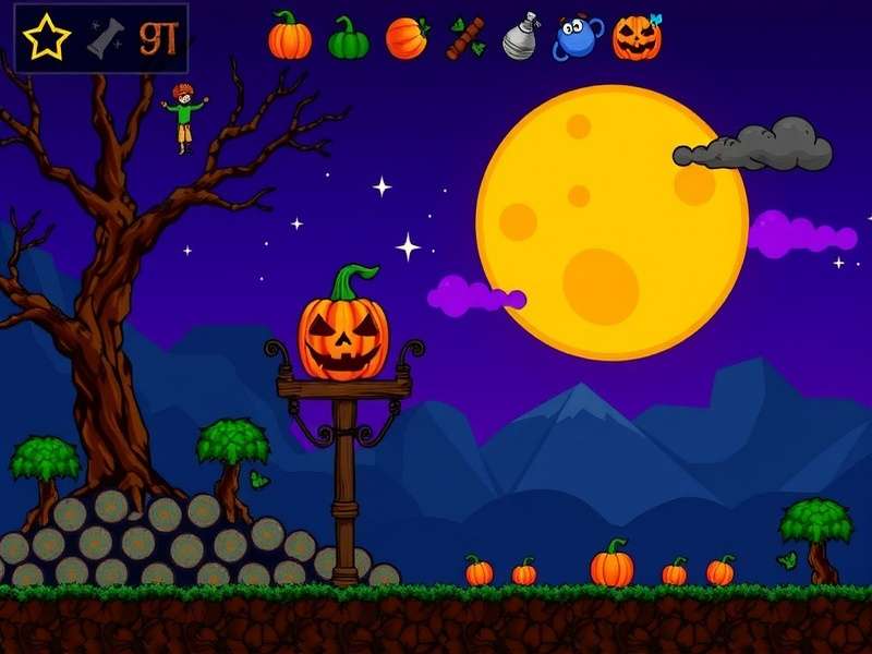 Pumpkin Moon final wave in Terraria with Pumpking and Mourning Wood