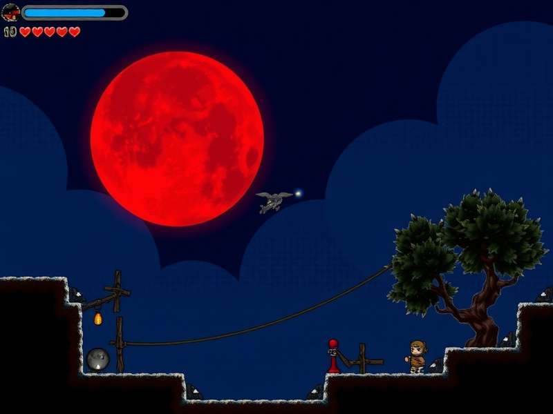 Blood Moon Terraria — Crimson night over a Terraria village with enemies spawning